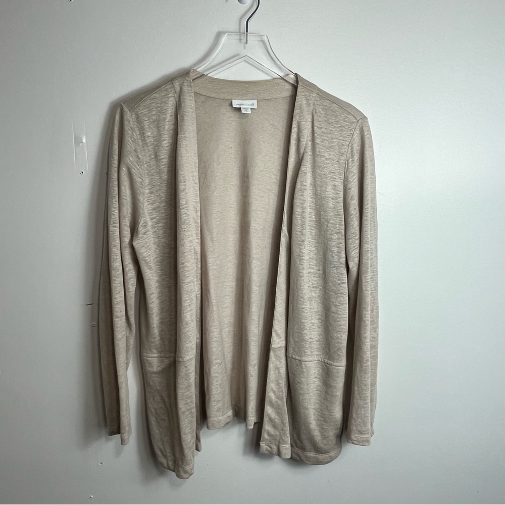 J. Jill Linen Beige Open Front Cardigan sweater Beachy boho grandma, PM 1627